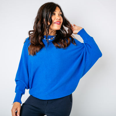 The royal blue Pearl Back Jumper relaxed batwing sleeves for a comfy fit