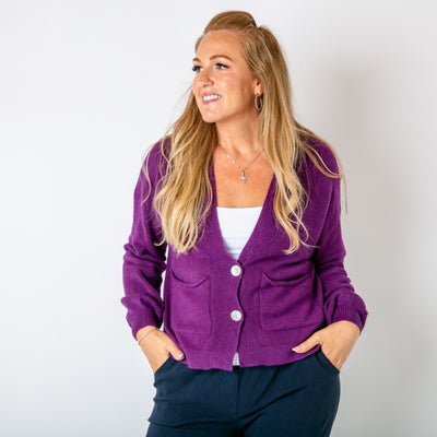 The purple Pearl Button Cardigan made from a super soft, fine knitted blend