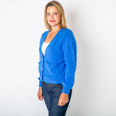 The royal blue Pearl Button Cardigan made from a super soft, fine knitted blend