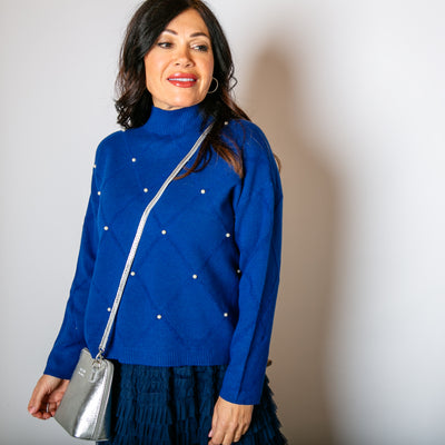 The royal blue Pearl Detail Mock Neck Jumper with a soft fine knitted material