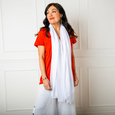 The white Plain Summer Scarf made from a soft, lightweight viscose material