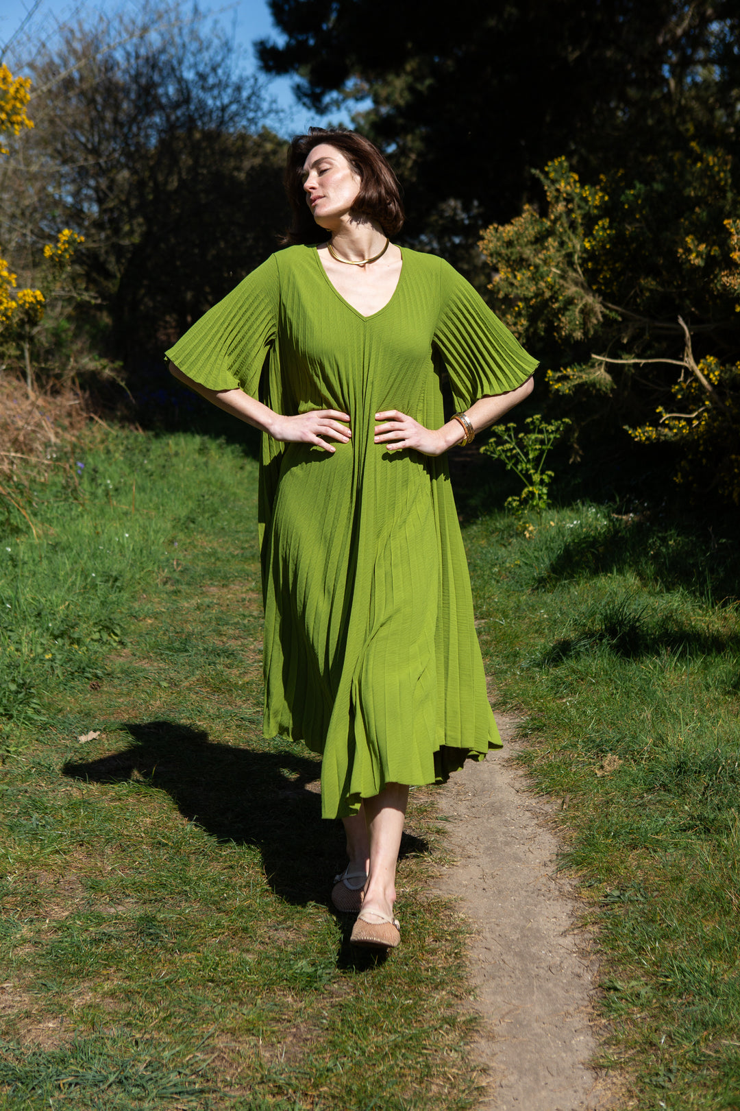 Pleated V-Neck Dress