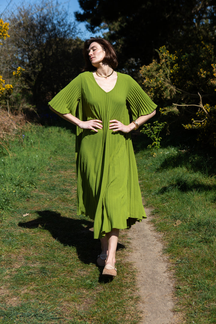 Pleated V-Neck Dress