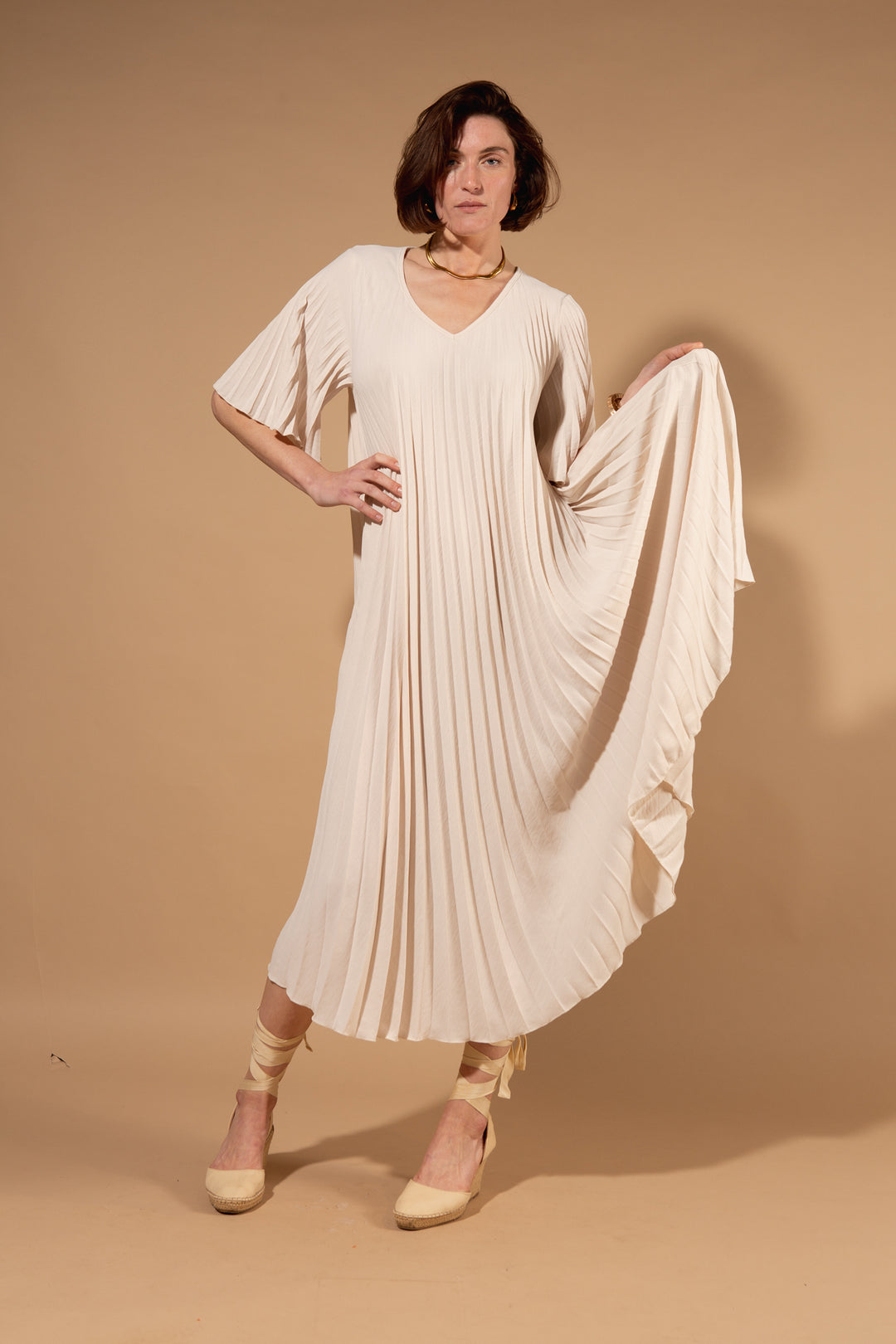 Pleated V-Neck Dress