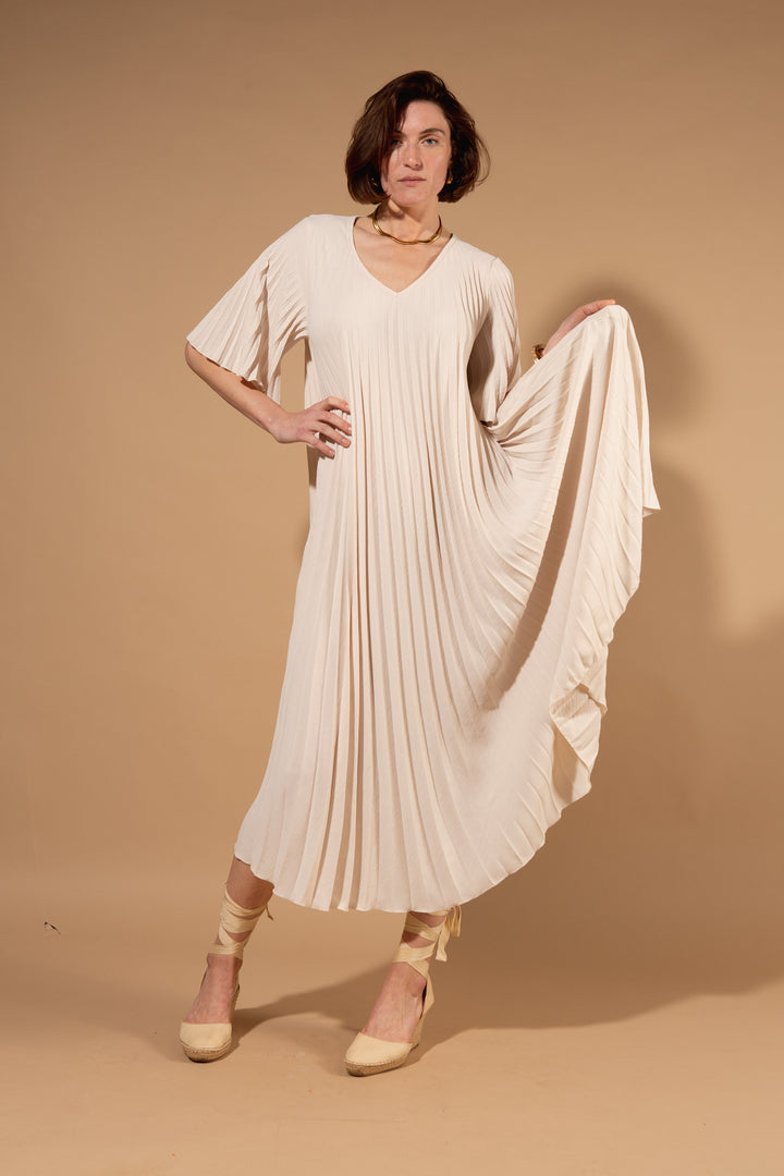 Pleated V-Neck Dress