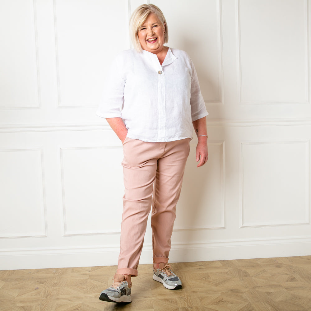 Plus size stretch trousers in blush pink with an elasticated waistband with a drawstring tie detail