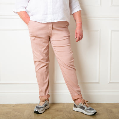 The Plus Size Stretch Trousers in blush pink made from a cotton and elastic blend. the perfect wardrobe staple 