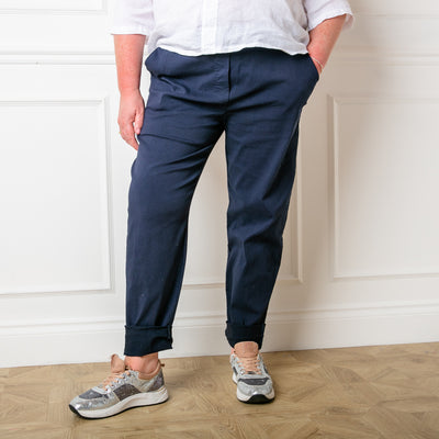 The Plus Size Stretch Trousers in navy blue made from a cotton and elastic blend. the perfect wardrobe staple