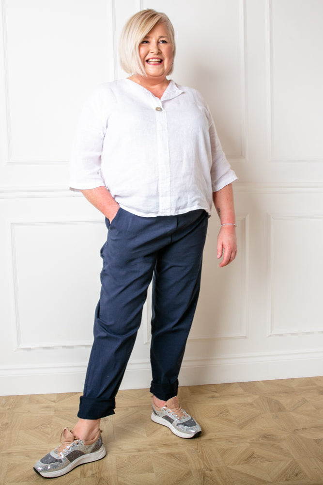 Plus size stretch trousers in navy blue with an elasticated waistband with a drawstring tie detail