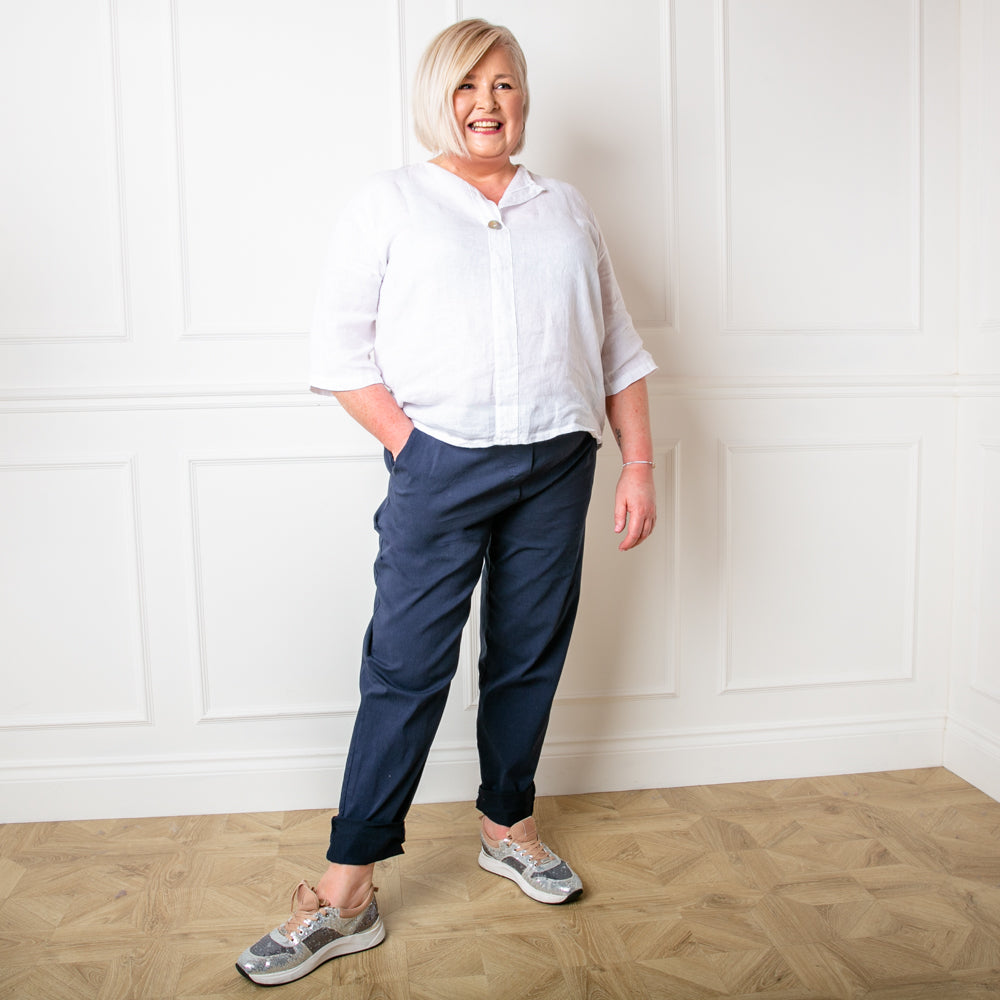 Plus size stretch trousers in navy blue with an elasticated waistband with a drawstring tie detail