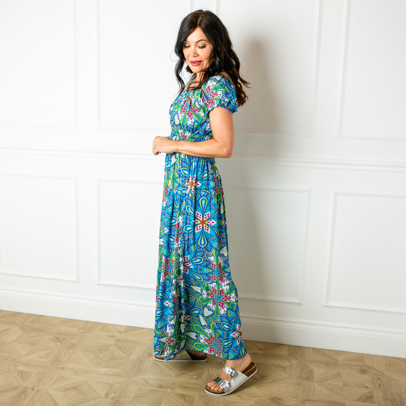 The blue Printed Button Maxi Dress with a shirred elasticted waistband and button detailing down the front