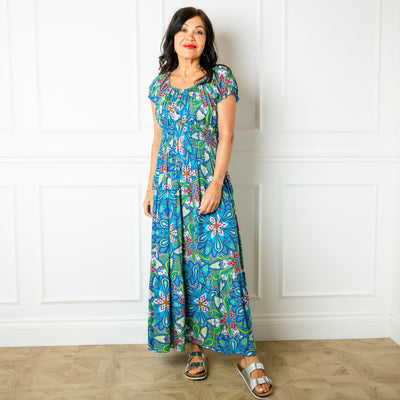 The blue Printed Button Maxi Dress with short puffy elasticated sleeves that can be worn on or off the shoulder