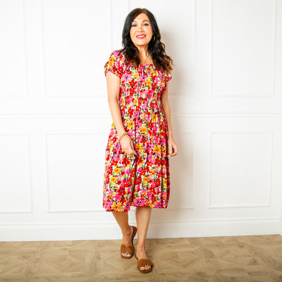 The floral red Printed Button Midi Dress with shirred detailing around the waist