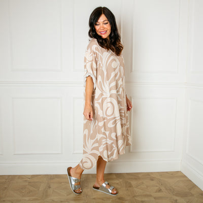 The stone cream Printed Shirt Dress featuring a gorgeous contrasting swirl pattern, perfect for summer