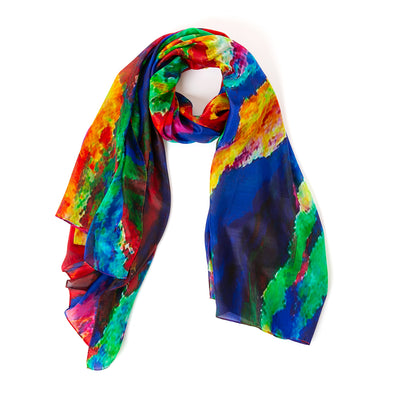 The Rainbow Burst Silk Scarf with a bold, vibrant, Multicolour pattern