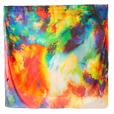 The Rainbow Mist silk scarf featuring a beautiful multicolour print in a paint brush watercolour effect