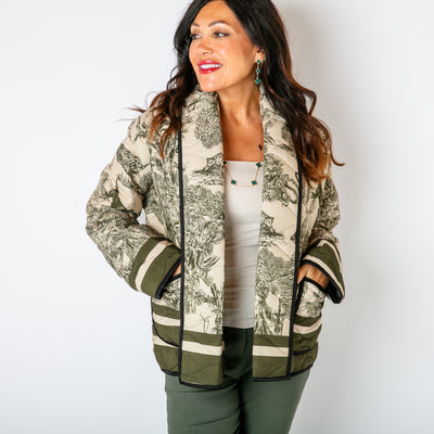 The khaki green Rainforest Quilted Jacket with long sleeves and a folded over open front