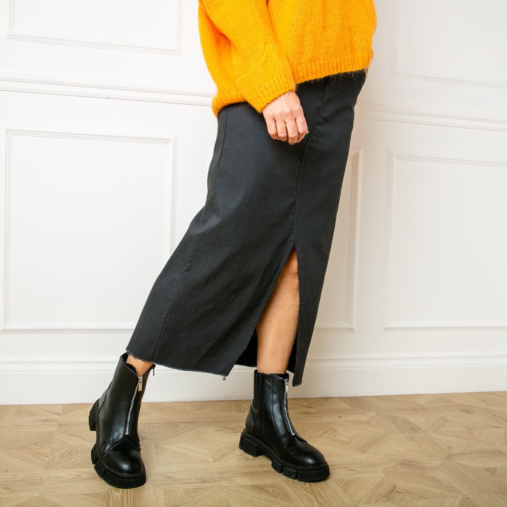The charcoal grey Raw Hem Midi Skirt with an elasticated waist and drawstring detailing like our best selling stretch trousers