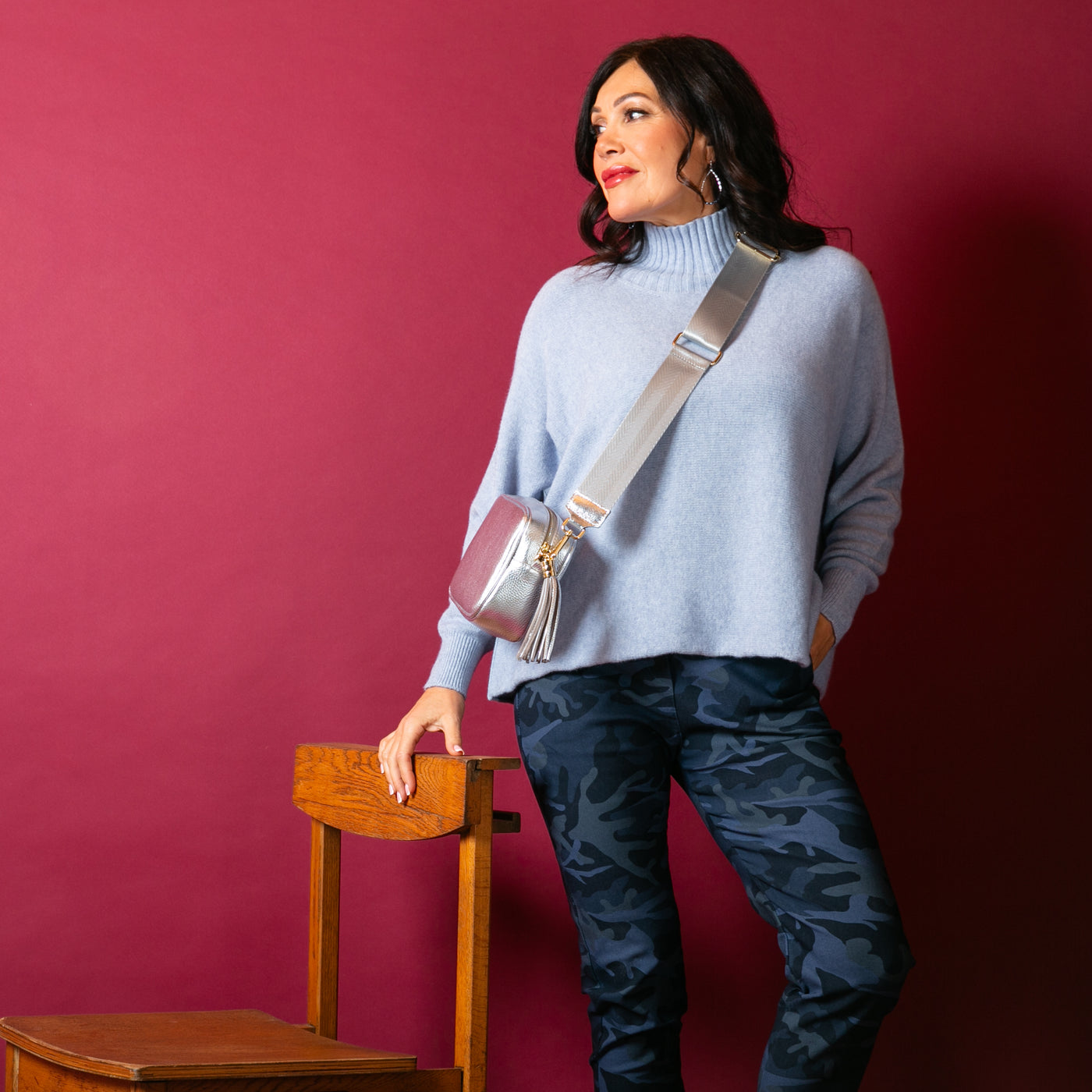 The dusky blue Ribbed High Neck Jumper with long sleeves and a turtle neck