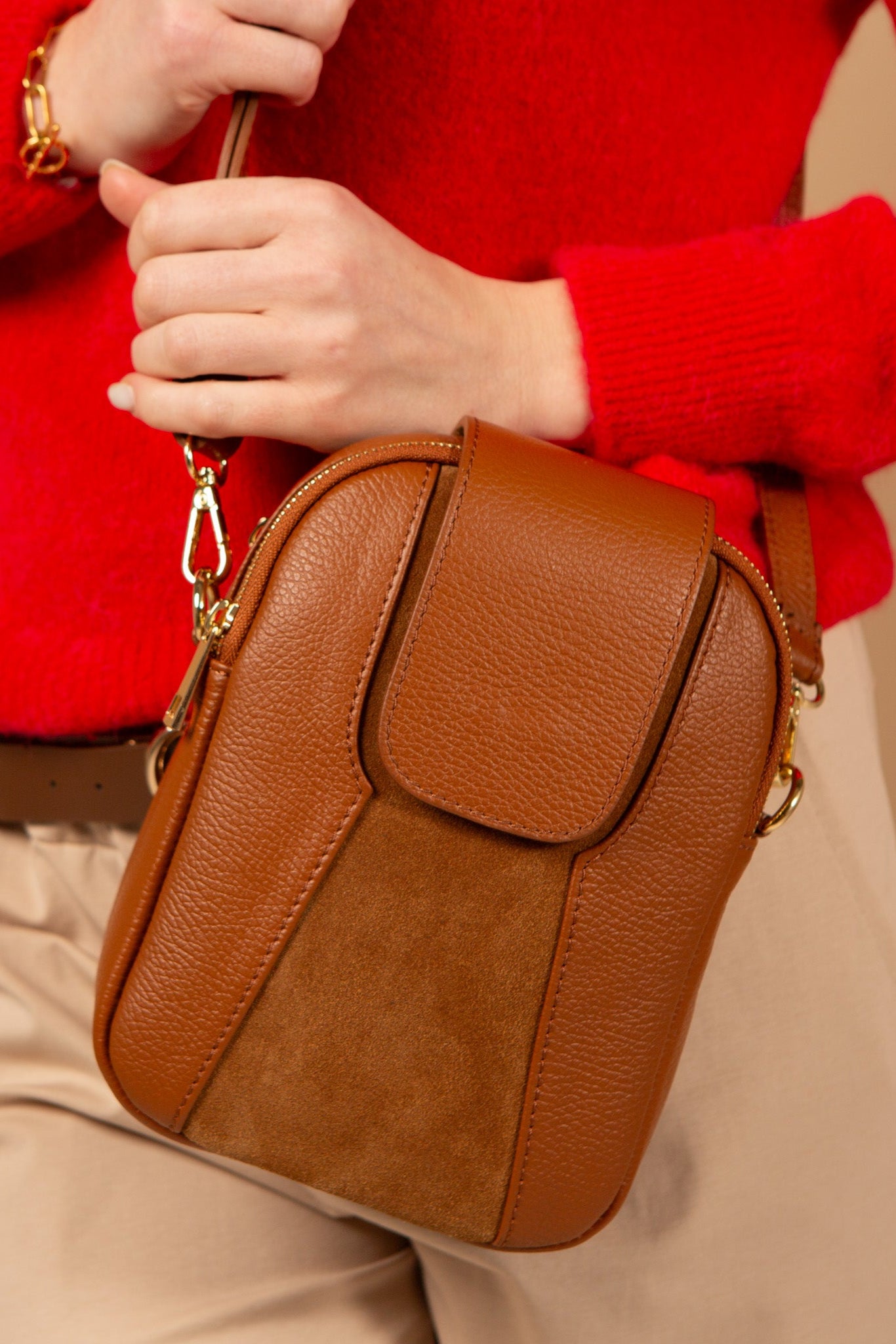 Saffron Leather & Suede Cross Body Handbag