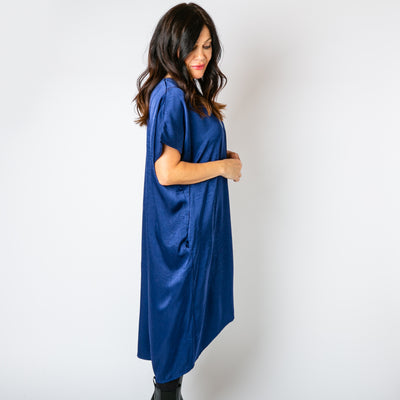 The navy blue Satin Kaftan Dress in a maxi length with a high-low hemline