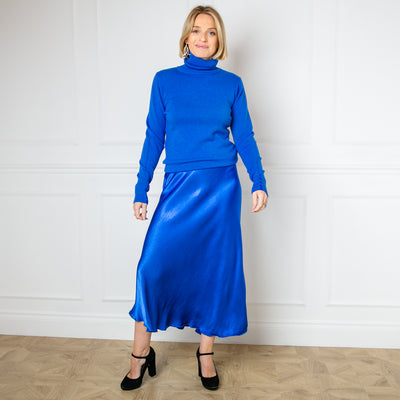 The Satin Slip Skirt in royal blue made from 100% viscose in a lovely silky elegant touch feel