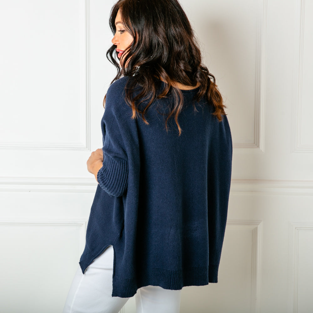 The Navy Blue Seam Front Jumper which is made from a super soft fine knitted blend with stretch