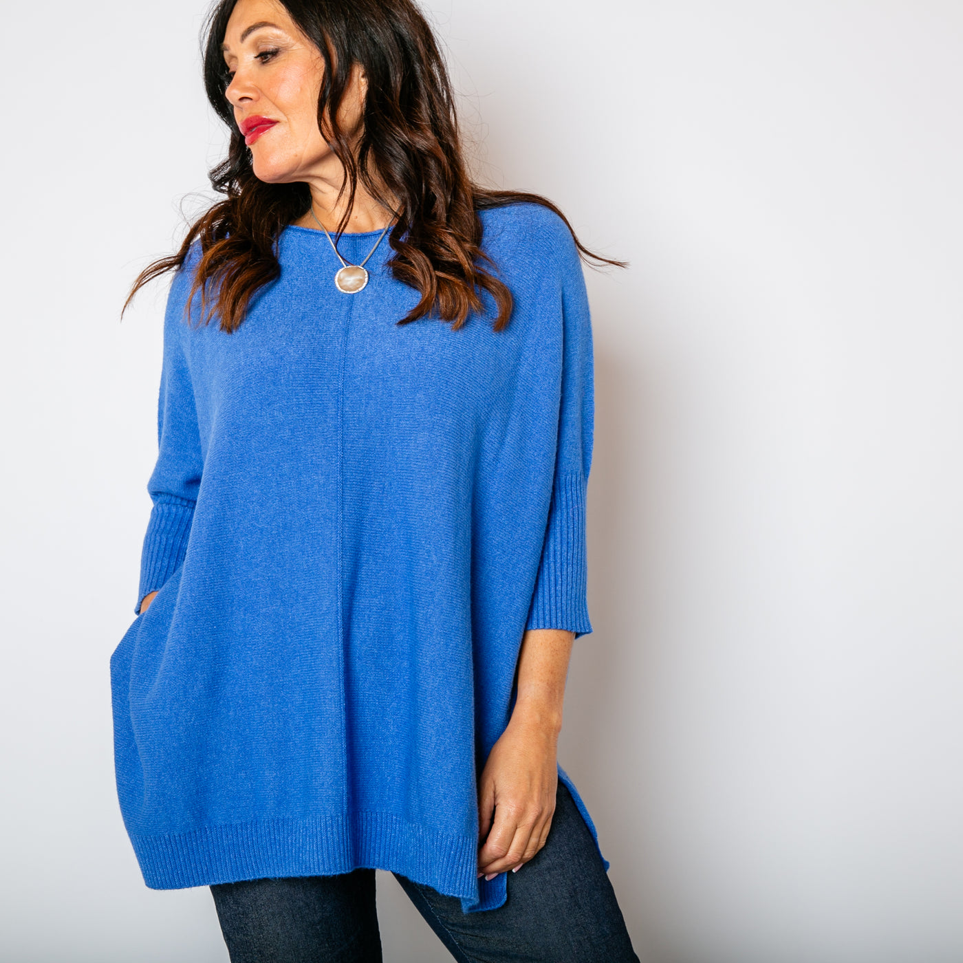 The cornflower blue Seam Front Jumper with 3/4 length sleeves with ribbed cuffs