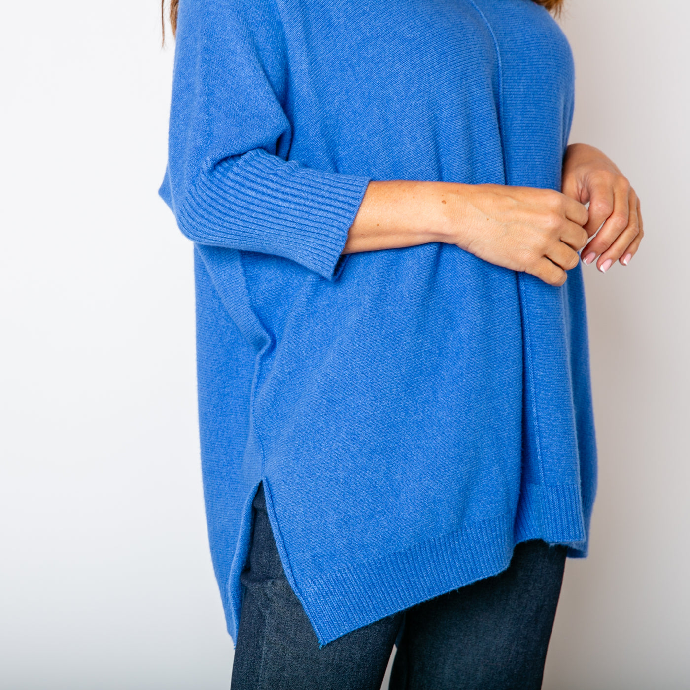 The cornflower blue Seam Front Jumper made from a super soft, stretchy material