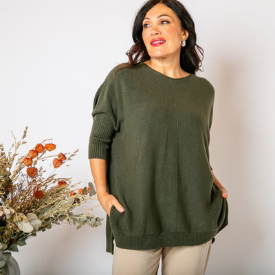 The khaki green Seam Front Jumper with 3/4 length sleeves with ribbed cuffs