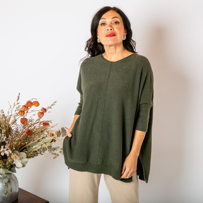 The khaki green Seam Front Jumper with a wide round neckline