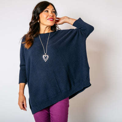 The navy blue Seam Front Jumper made from a super soft, stretchy material