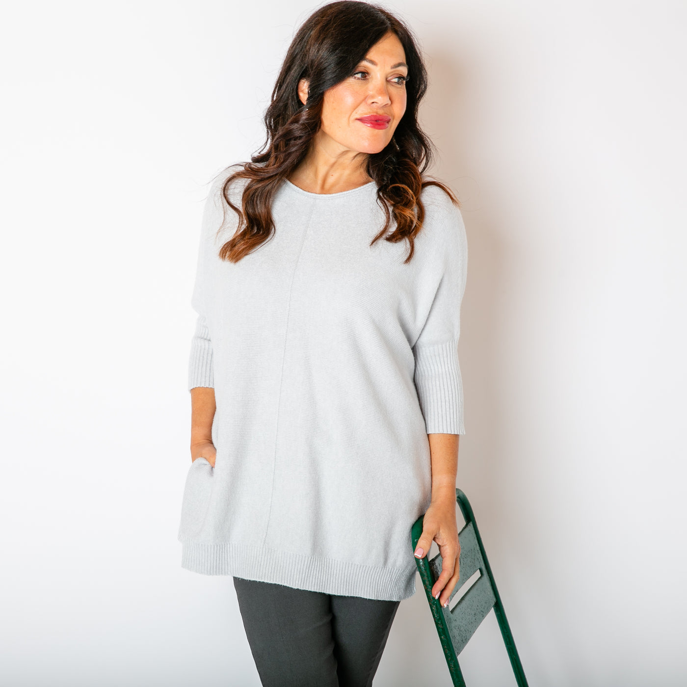 The silver grey Seam Front Jumper with 3/4 length sleeves with ribbed cuffs