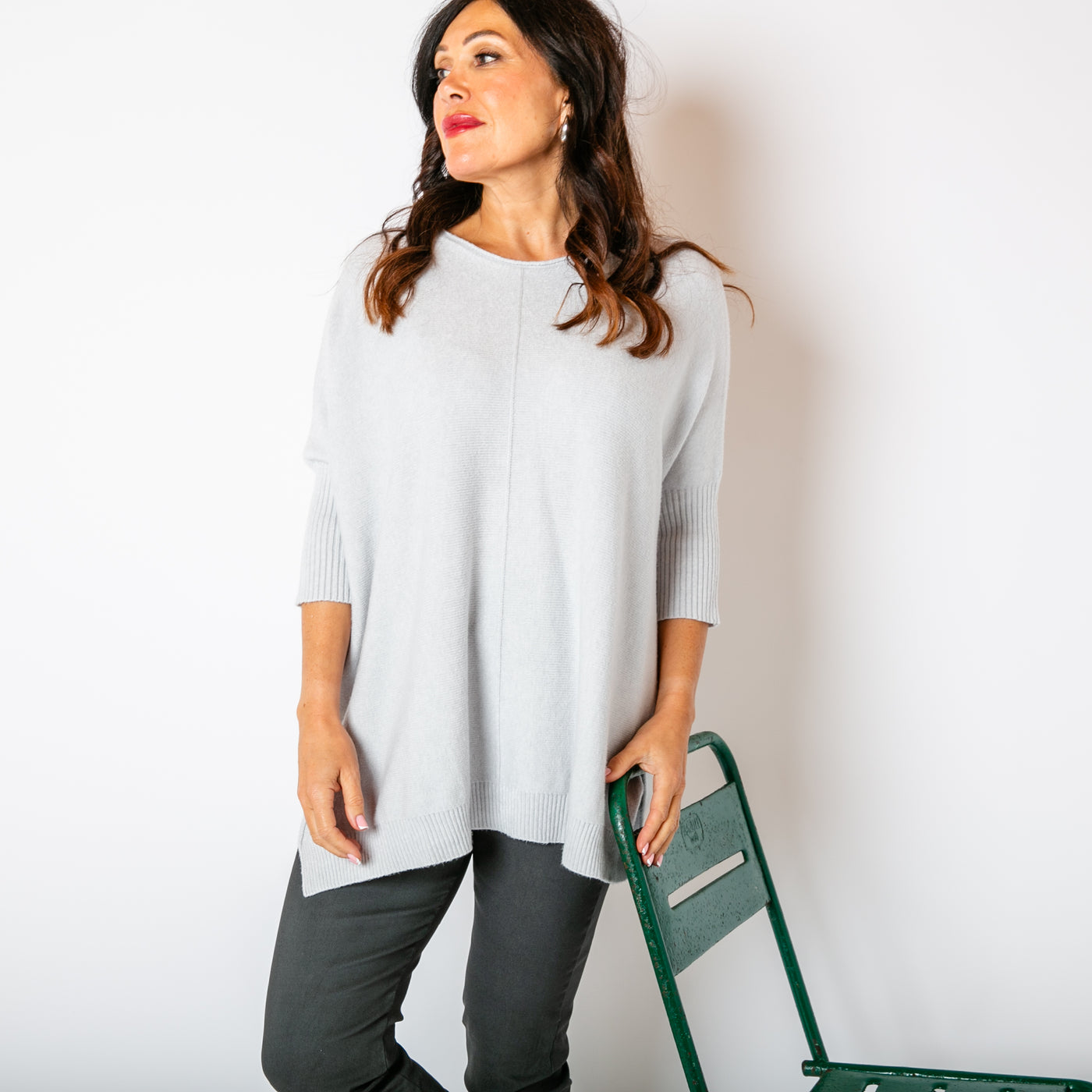 The silver grey Seam Front Jumper with a wide round neckline