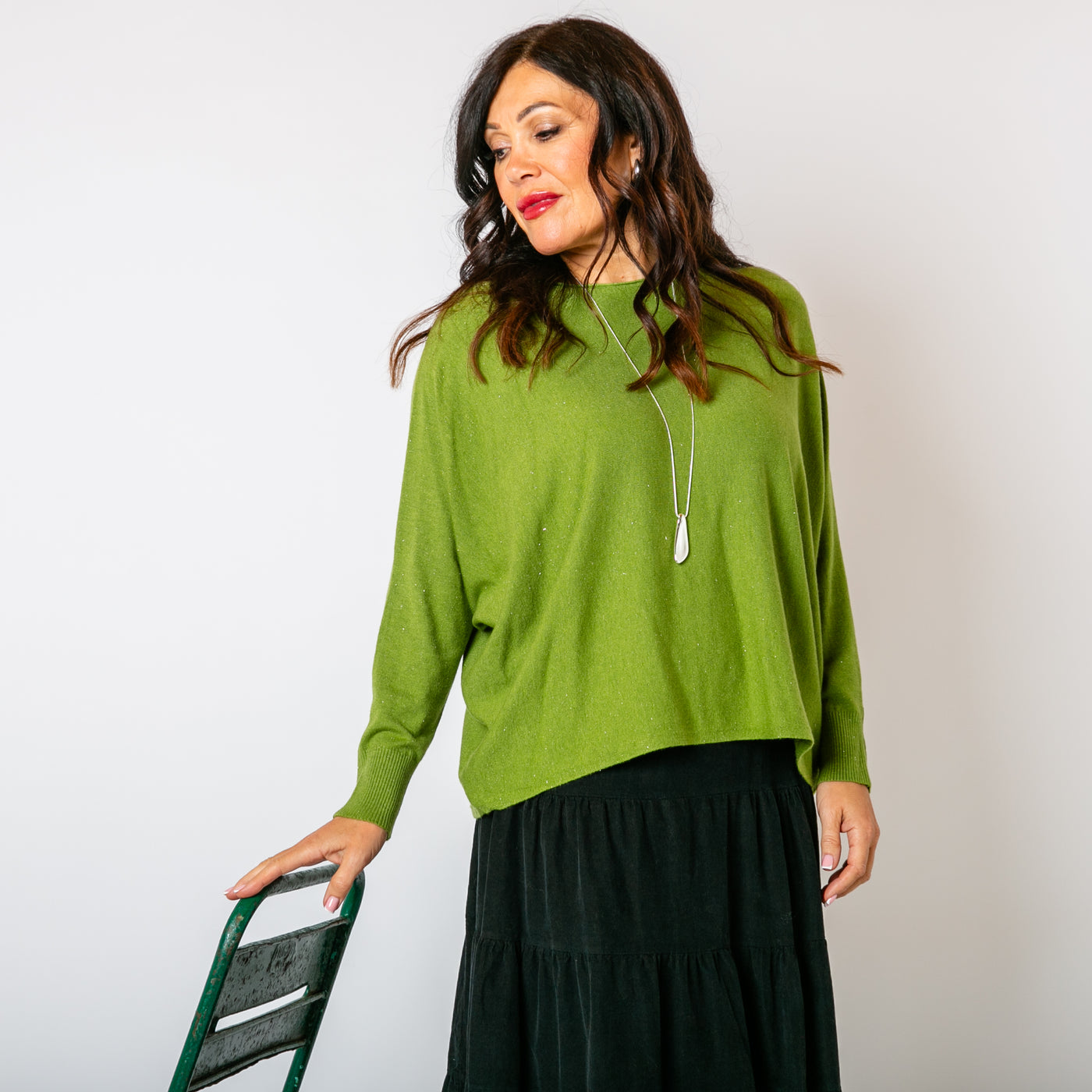 The green Shimmer Batwing Jumper with long sleeves and a round neckline