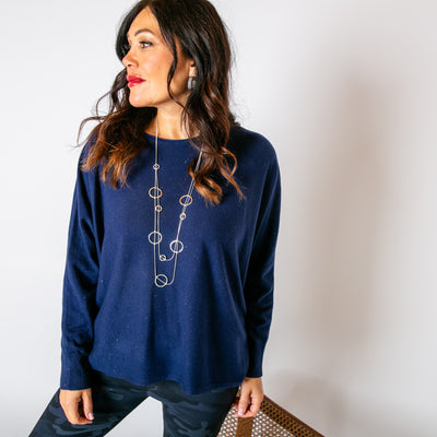 The navy blue Shimmer Batwing Jumper with long sleeves and a round neckline