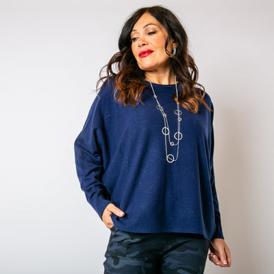 The navy blue Shimmer Batwing Jumper with a relaxed batwing sleeve