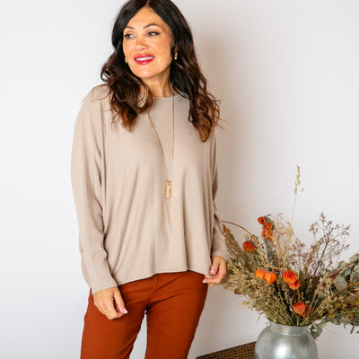 The stone brown Shimmer Batwing Jumper with long sleeves and a round neckline