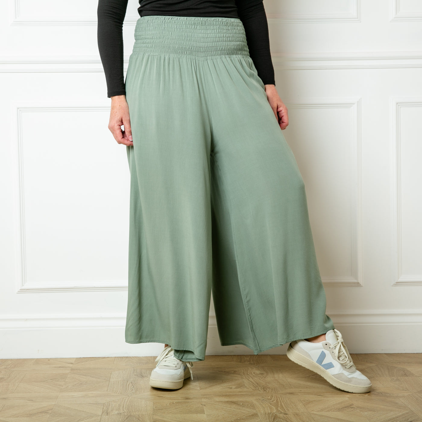 Shirred Waist Wide Leg Trousers