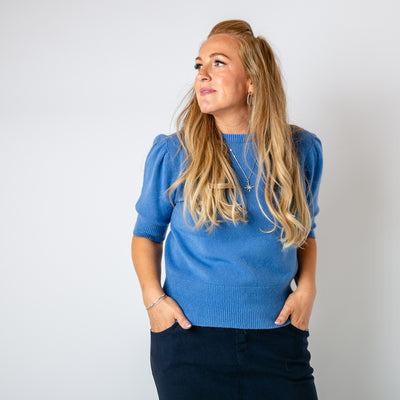 The denim blue Short Puff Sleeve Jumper with a round crew neckline