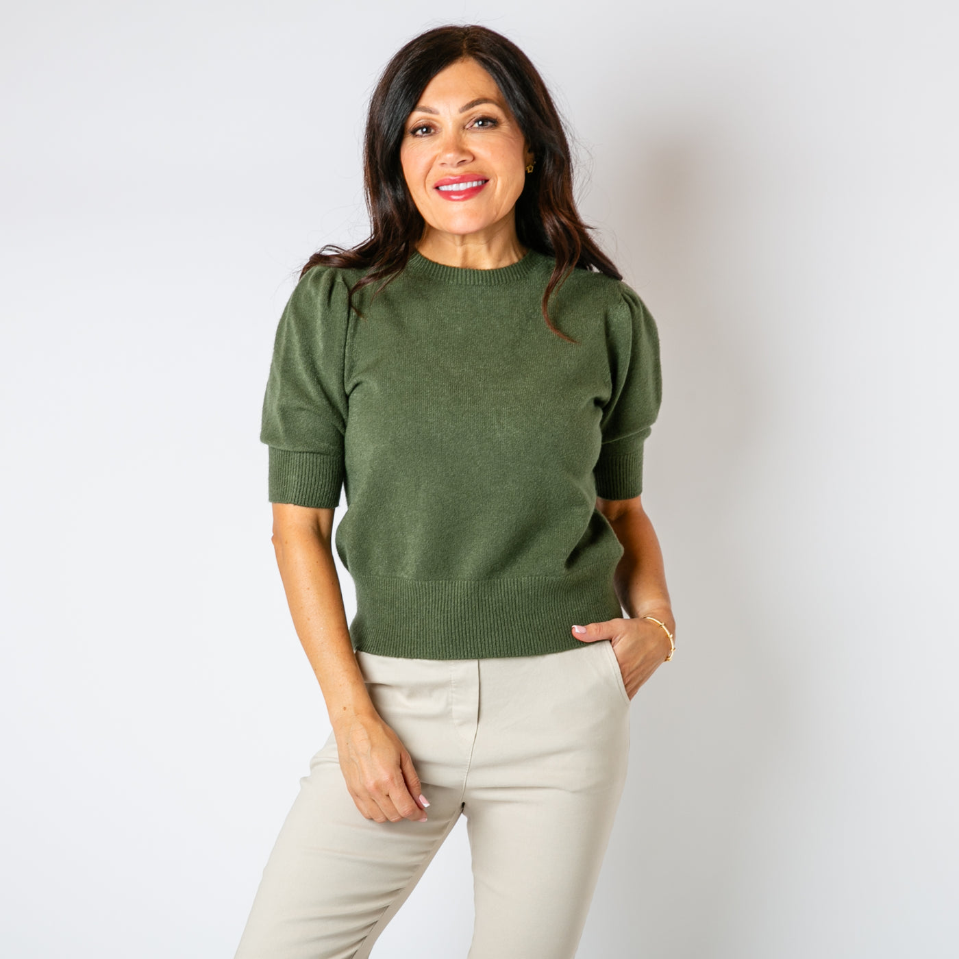 The khaki green Short Puff Sleeve Jumper with a round crew neckline