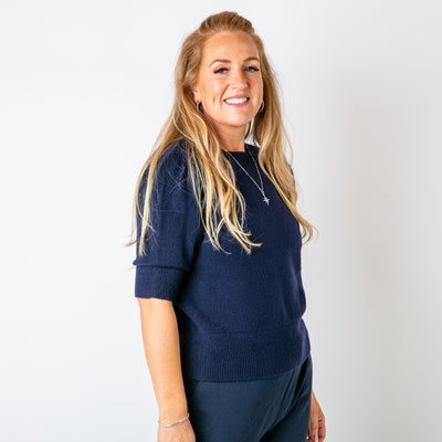 The navy blue Short Puff Sleeve Jumper with a round crew neckline