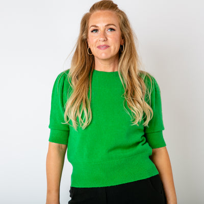 The emerald green Short Puff Sleeve Jumper with sleeves that fall to the elbow and have a gathered detail on the shoulders