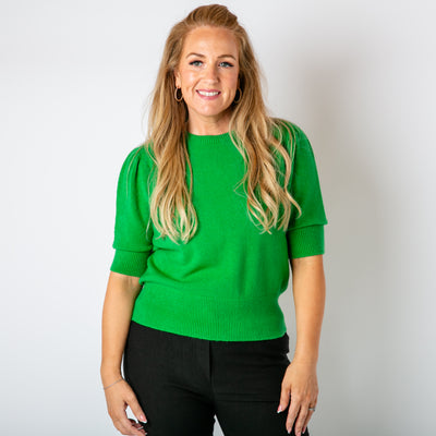 The emerald green Short Puff Sleeve Jumper with a round crew neckline