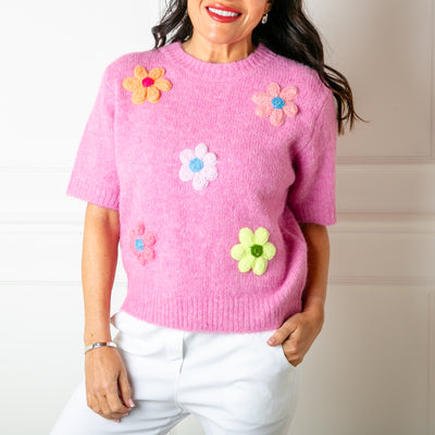 The baby pink Short Sleeve Daisy Jumper with 3/4 length sleeves and a round neckline