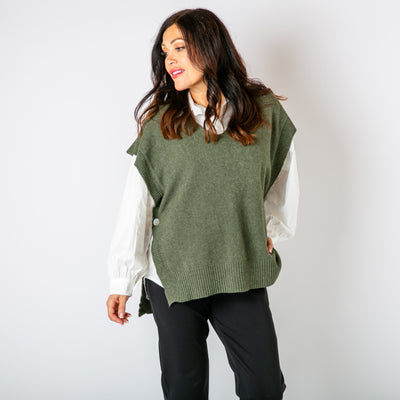 The khaki green Side Button Knitted Vest with a v neckline, great for layering with a shirt 