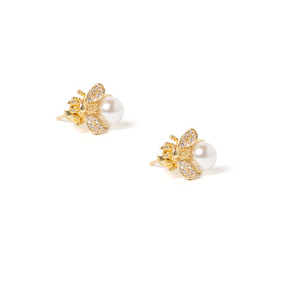 The Silas Earrings in gold with a sparkly bee design and a pearl style pendant