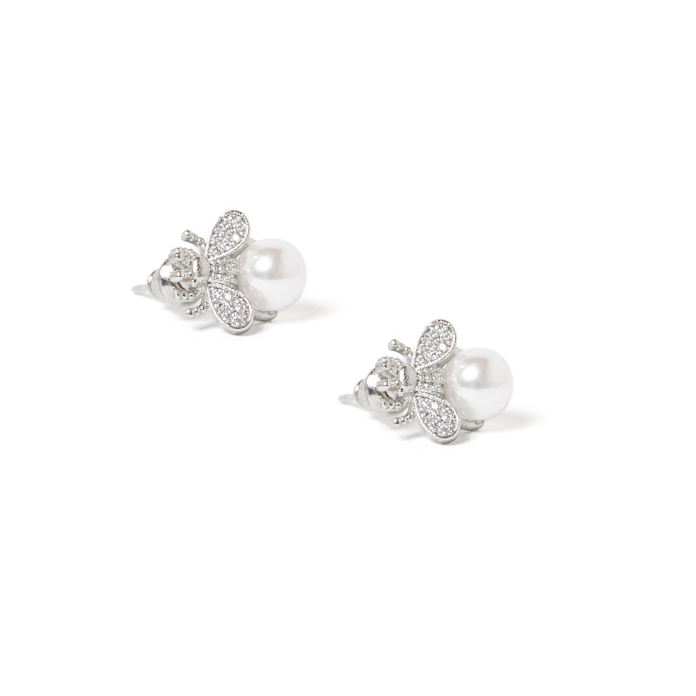 The Silas Earrings in silver with a sparkly bee design and a pearl style pendant