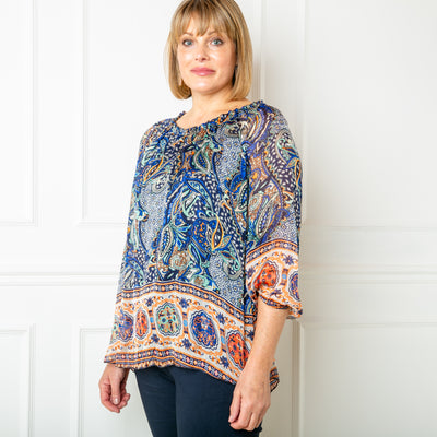 The navy blue Silk Blend Paisley Top with 3/4 length sleeves with elastic around the cuffs