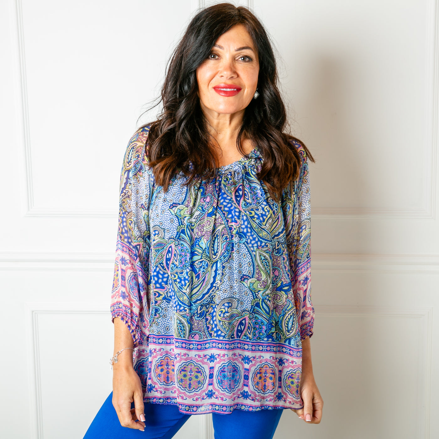 The royal blue Silk Blend Paisley Top with 3/4 length sleeves with elastic around the cuffs